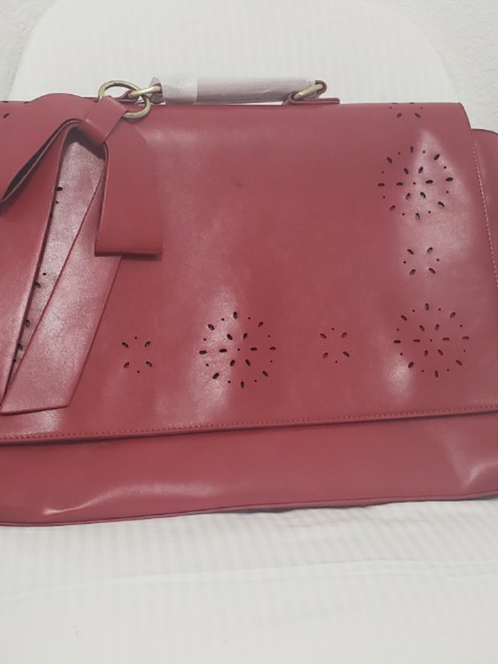 Red Faux Leather Laptop Women's Structured Satchel Shoulder Bag in Rose Red